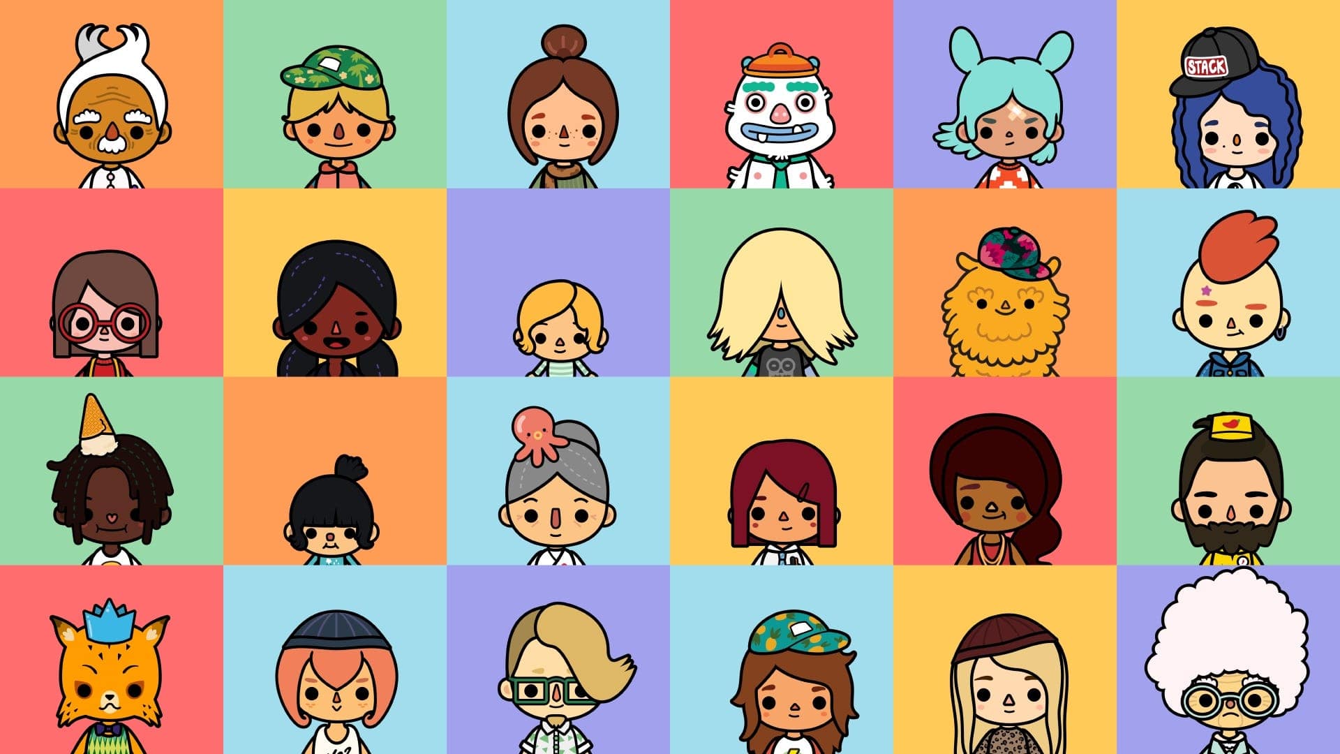 Colorful grid of diverse Toca Boca character portraits showcasing various styles, ages, and personalities