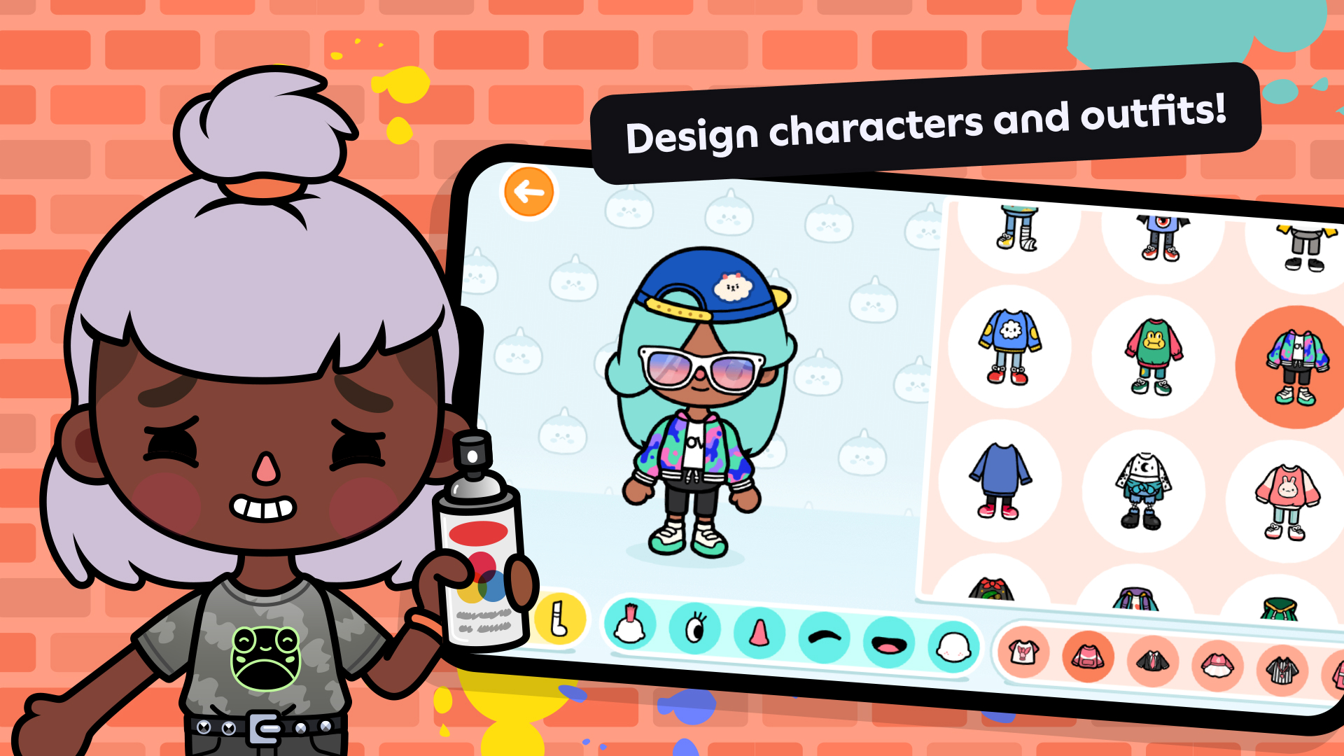 Toca Boca World character customization interface showing outfit selection and avatar design features with diverse clothing options